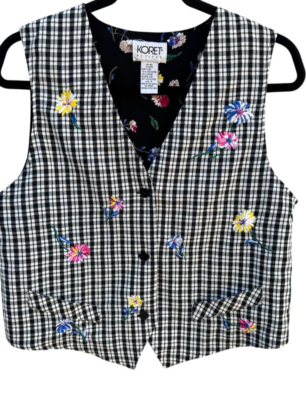 Koret‎ Petites Vintage Reversible Vest Gingham Floral Embroidered Black Size 4